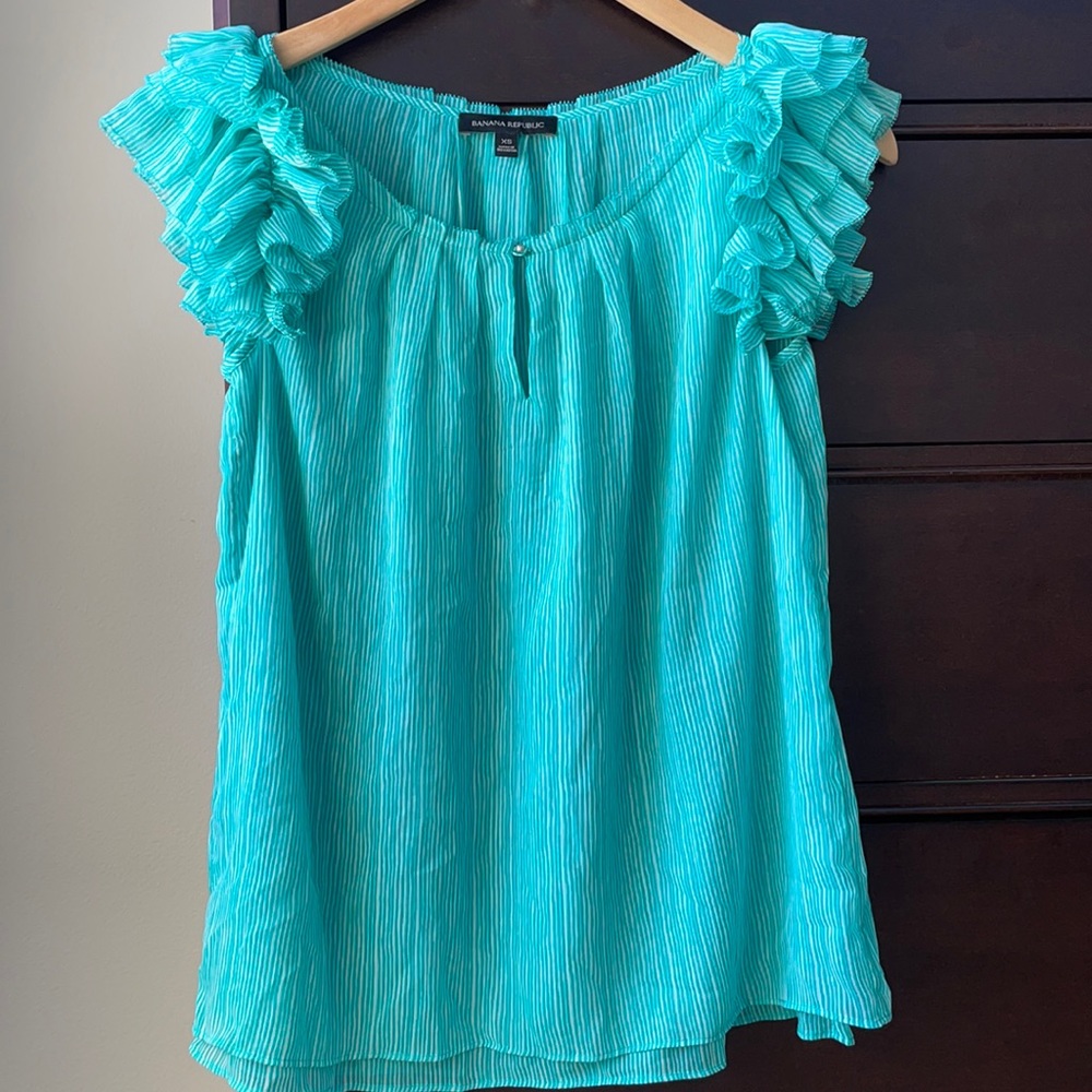BANANA REPUBLIC Green/White Stripe Ruffle Top